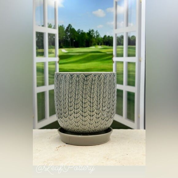 Gray Sache Ceramic Planter Pot with Saucer Attached - Picture 1 of 9